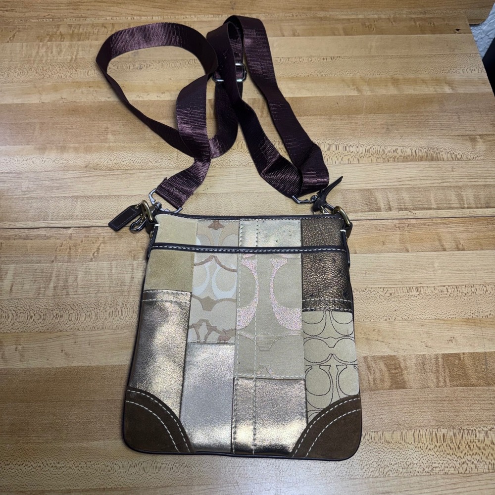 Coach Patchwork Crossbody Bag Metallic Gold Suede Signature Canvas Messenger